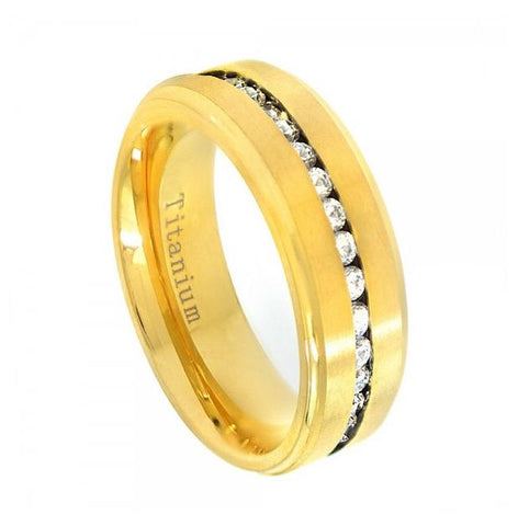 Yellow Ip Titanium Ring Brushed Center Shiny Step Edge With Eternity Style Czs - 8mm