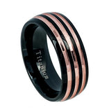 Two-tone Black Ip & Rose Gold Ip Striped Titanium Ring - 8mm, <b>size: 10</b>