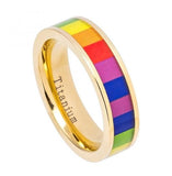 Yellow Gold Ip Plated Pipe Cut Titanium Ring With Rainbow Colored Gay Pride Inlay - 6mm, <b>size: 10</b>