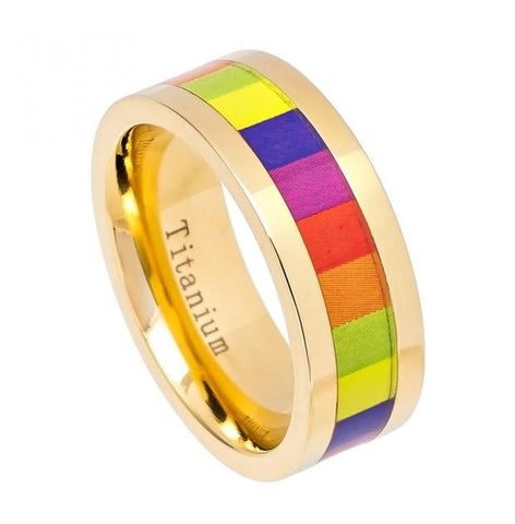 Yellow Gold Ip Plated Pipe Cut Titanium Ring With Rainbow Colored Gay Pride Inlay - 8mm, <b>size: 10</b>