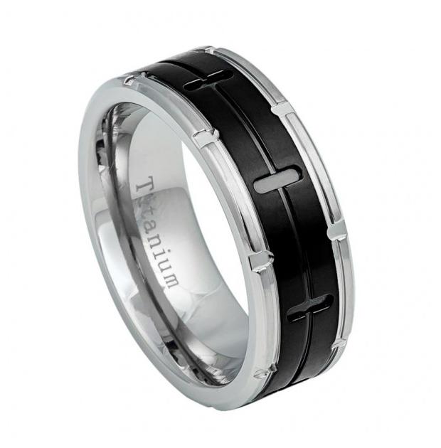 Grooved Black Ip Center Titanium Ring With Titanium Color Notched Edges- 8mm, <b>size: 10</b>