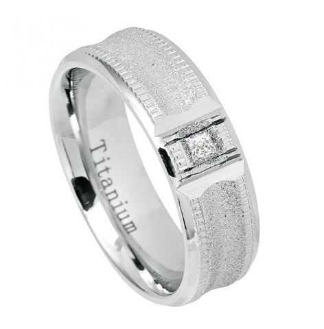 Sandblasted Finish White Titanium Ring Double Milgrain With Square Solitaire Cz - 7mm, <b>size: 10.5</b>