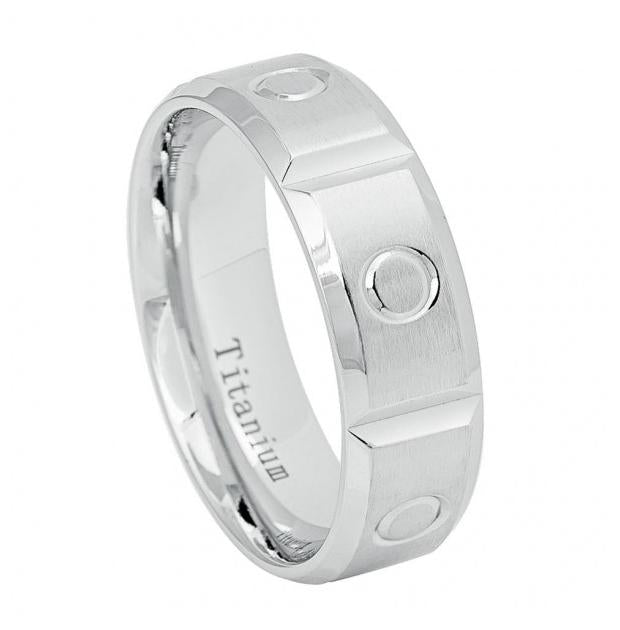 White Ip Titanium Ring Brushed Grooved With Circular Design High Polished Beveled Edge 7mm, <b>size: 10</b>