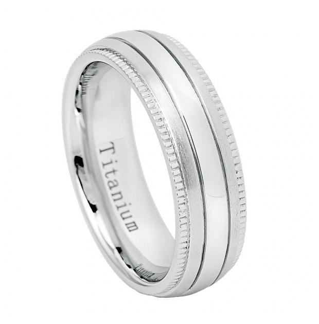 White Ip Titanium Ring Raised Shiny Center Brushed Sides With Milgrain - 6.5mm, <b>size: 10</b>