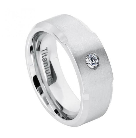 White Titanium Ring Brushed Center, Shiny Beveled Edge With Cz - 8mm