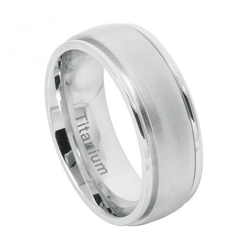 Domed White Ip Titanium Ring Frosted Brushed Center High Polished Step Edge 8mm