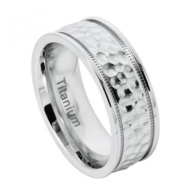 White Titanium Brushed Dimpled Finish & Milgrain On The Side - 8mm, <b>size: 10.5</b>