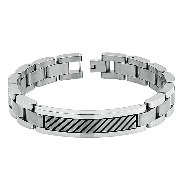 Brushed & High Polished Titanium Id Bracelet With Diagonal Black Stripes