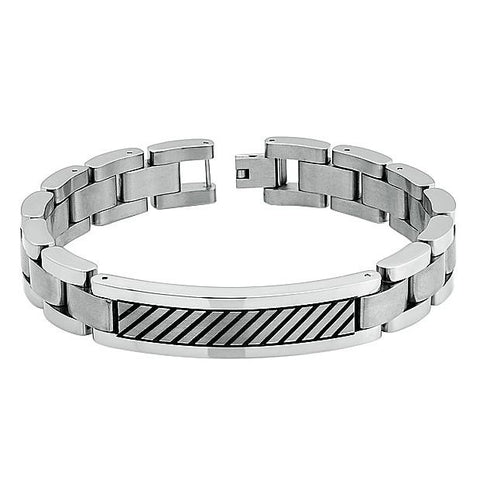 Brushed & High Polished Titanium Id Bracelet With Diagonal Black Stripes