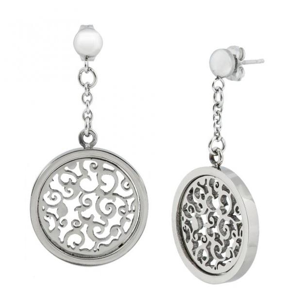 A Pair Of Dangling Disc Shaped High Polished Titanium Earrings With Delicate Filigree - 0.85"