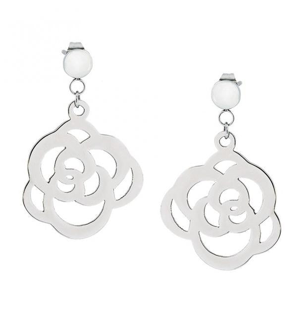 A Pair Of Disc Shaped High Polished Titanium Earrings With Flower Cut-out - 0.95"