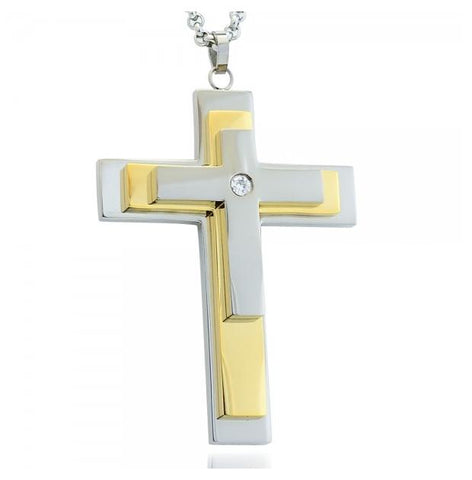 High Polish Two-tone Stacked Overlapping Three-gradation Cross Pendant With Cz Stone