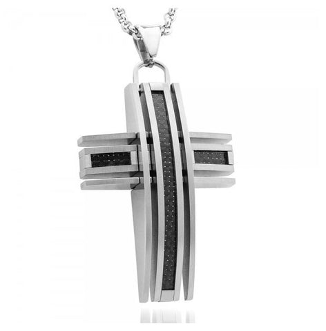 Brushed Titanium Cross Pendant With Black Carbon Fiber Inlay