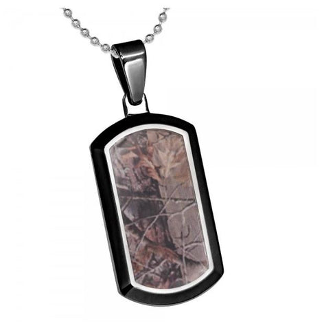 Dog Tag High Polished Black Enamel Plated Titanium Pendant With Forest Floor Foliage Inlay