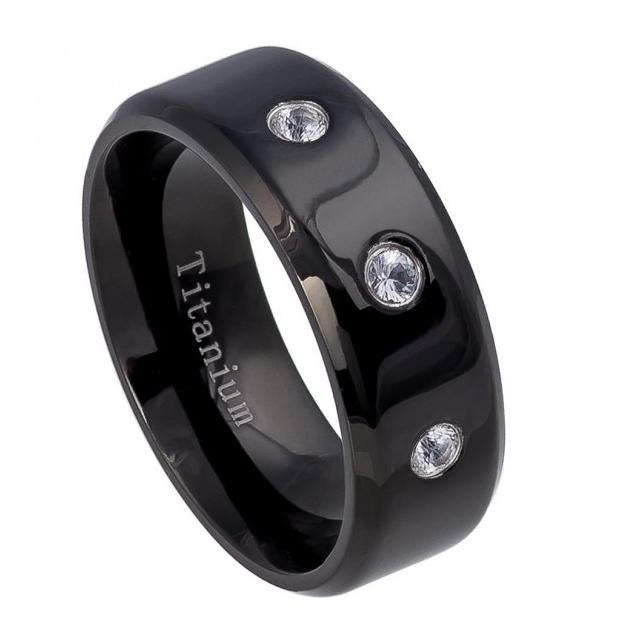 High Polished Beveled Edge Black-ion Plated Titanium Ring With Three 0.07 Ctw White Sapphires - 8mm, <b>size: 10</b>