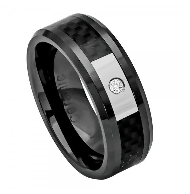 Black Ceramic Ring 0.07 Ctw White Diamond Center Stone; With Black Carbon Fiber Inlay Beveled Edge 8mm, <b>size: 10</b>