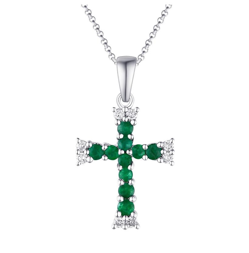 0.09 Ctw Diamond 14k White Gold Emerald Round Shape Womens Gemstone Necklace Pendant With 16 Inch Chain