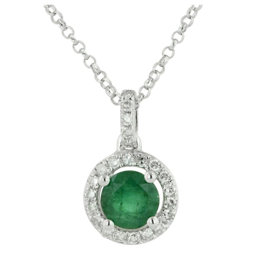 0.09 Ctw Diamond 14k White Gold Emerald Round Shape Womens Gemstone Necklace Pendant With 16 Inch Chain