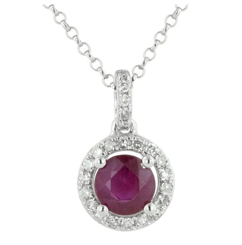 0.09 Ctw Diamond 14k White Gold Ruby Round Shape Womens Gemstone Necklace Pendant With 16 Inch Chain