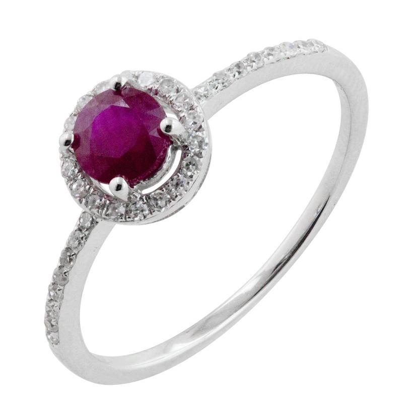 0.12 Ctw Diamond 14k White Gold Ruby Round Shape Womens Gemstone Ring