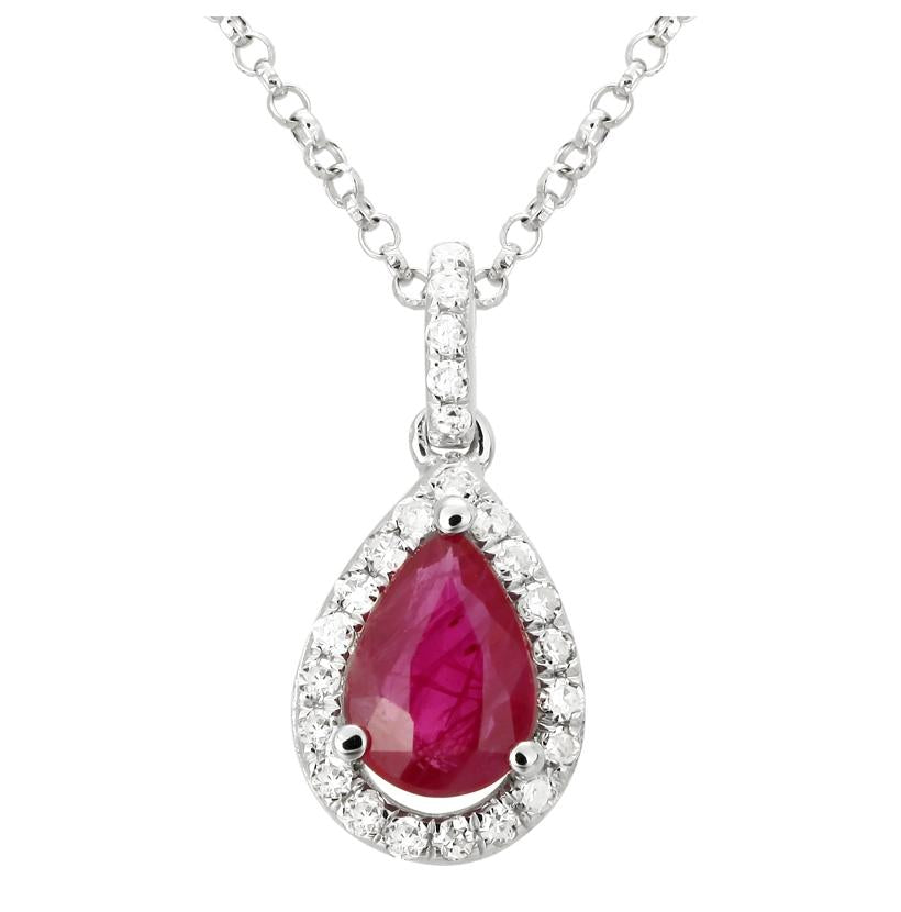 0.09 Ctw Diamond 14k White Gold Ruby Round Shape Womens Gemstone Necklace Pendant With 16 Inch Chain