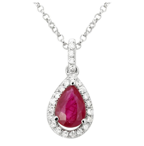 0.09 Ctw Diamond 14k White Gold Ruby Round Shape Womens Gemstone Necklace Pendant With 16 Inch Chain