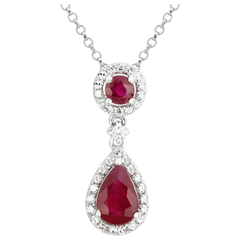 0.13 Ctw Diamond 14k White Gold Ruby Round Shape Womens Gemstone Necklace Pendant With 16 Inch Chain