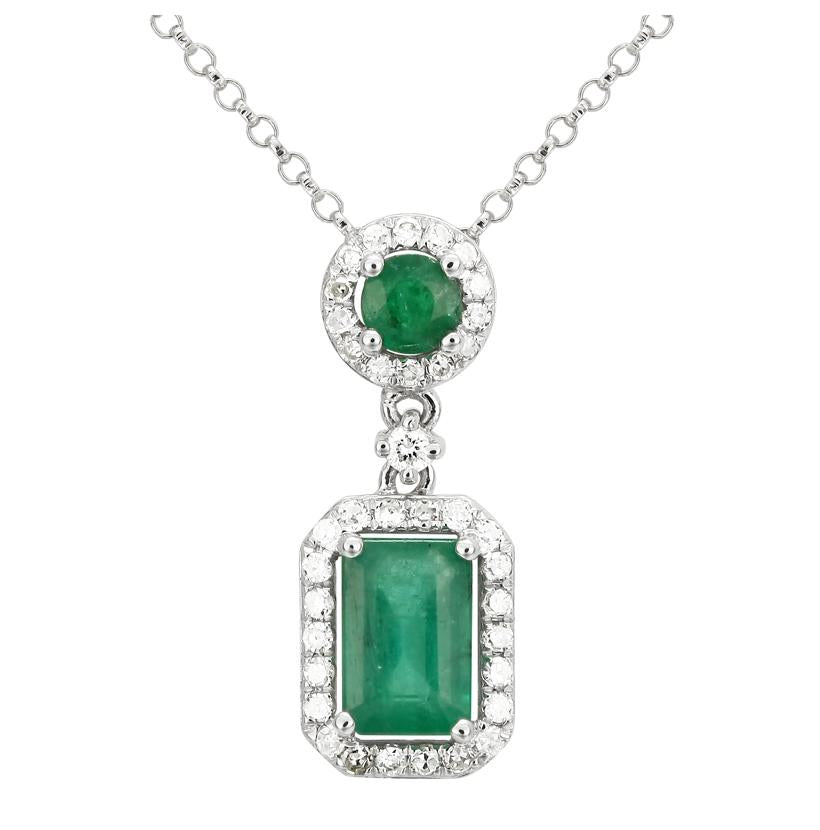 0.14 Ctw Diamond 14k White Gold Emerald Round Shape Womens Gemstone Necklace Pendant With 16 Inch Chain