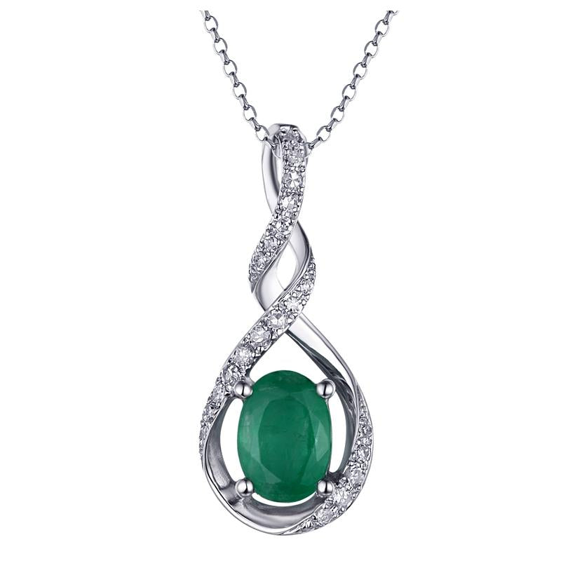 0.1 Ctw Diamond 14k White Gold Emerald Round Shape Womens Gemstone Necklace Pendant With 16 Inch Chain