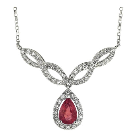 0.26 Ctw Diamond 14k White Gold Ruby Round Shape Womens Gemstone Necklace