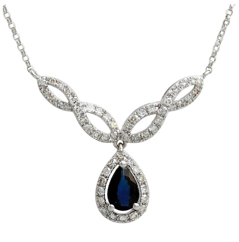 0.26 Ctw Diamond 14k White Gold Sapphire Round Shape Womens Gemstone Necklace