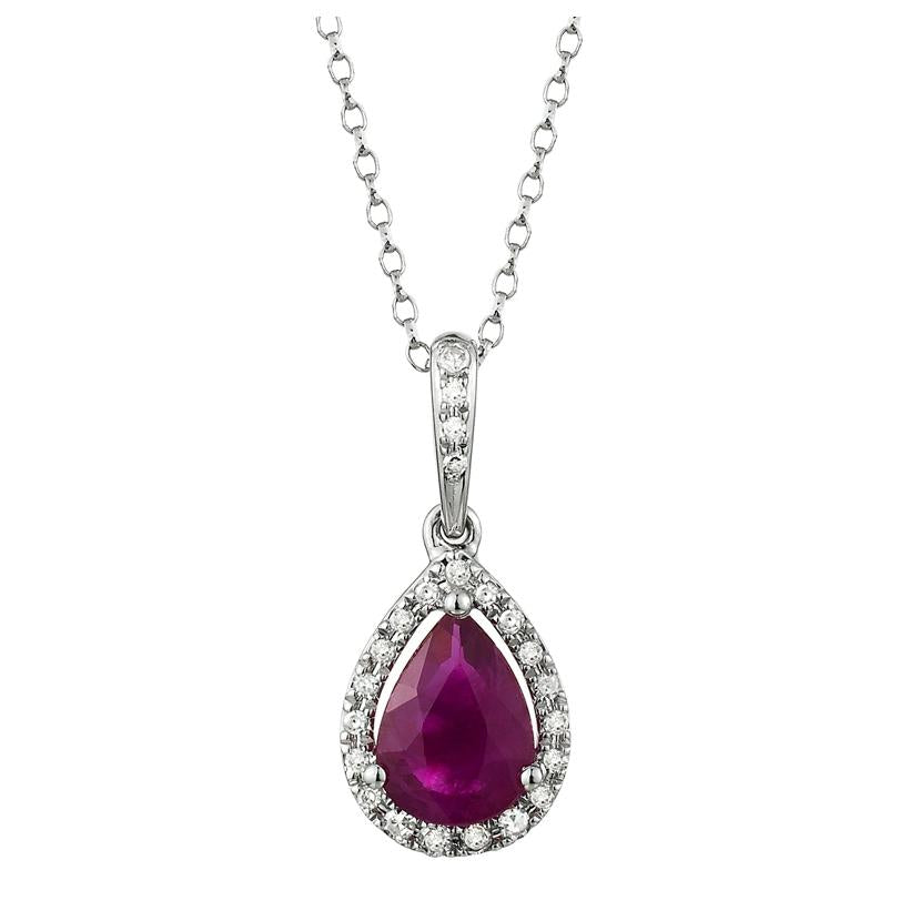 0.08 Ctw Diamond 14k White Gold Ruby Round Shape Womens Gemstone Necklace Pendant With 16 Inch Chain