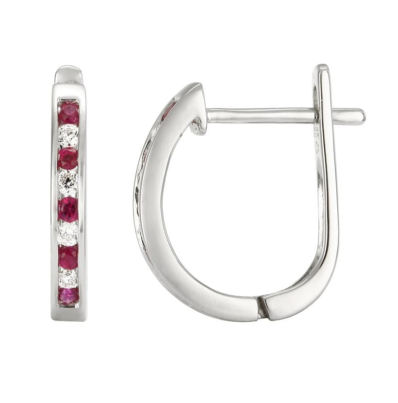 0.1 Ctw Diamond 14k White Gold Ruby Round Shape Womens Gemstone Earrings