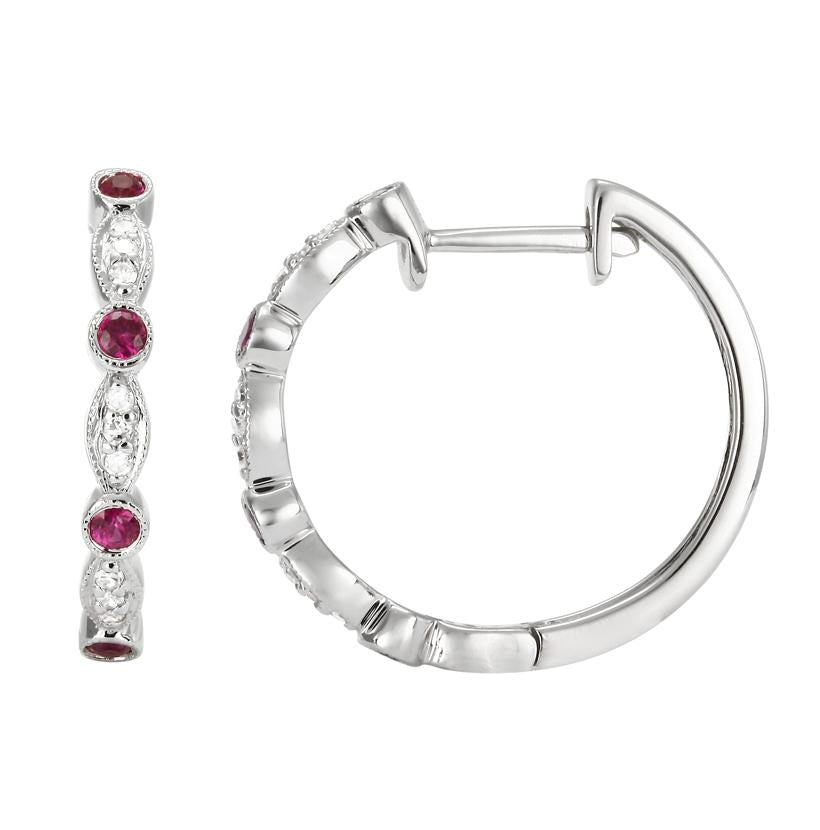 0.08 Ctw Diamond 14k White Gold Ruby Round Shape Womens Gemstone Earrings