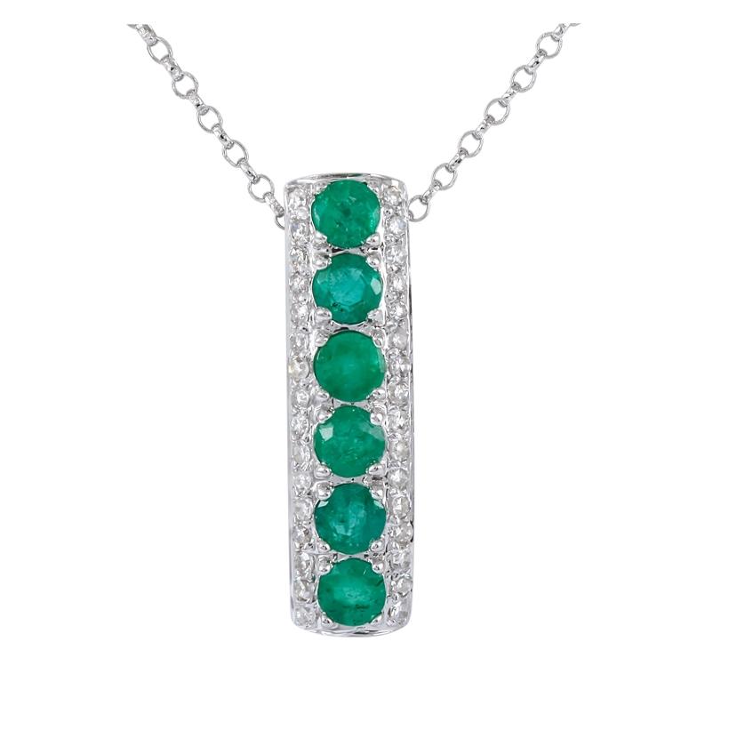 0.14 Ctw Diamond 14k White Gold Emerald Round Shape Womens Gemstone Necklace Pendant With 16 Inch Chain