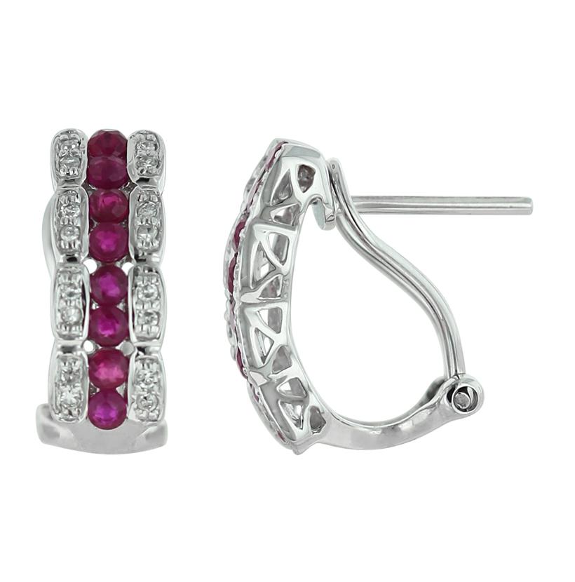 0.14 Ctw Diamond 14k White Gold Ruby Round Shape Womens Gemstone Earrings