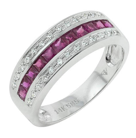 0.13 Ctw Diamond 14k White Gold Ruby Round Shape Womens Gemstone Ring