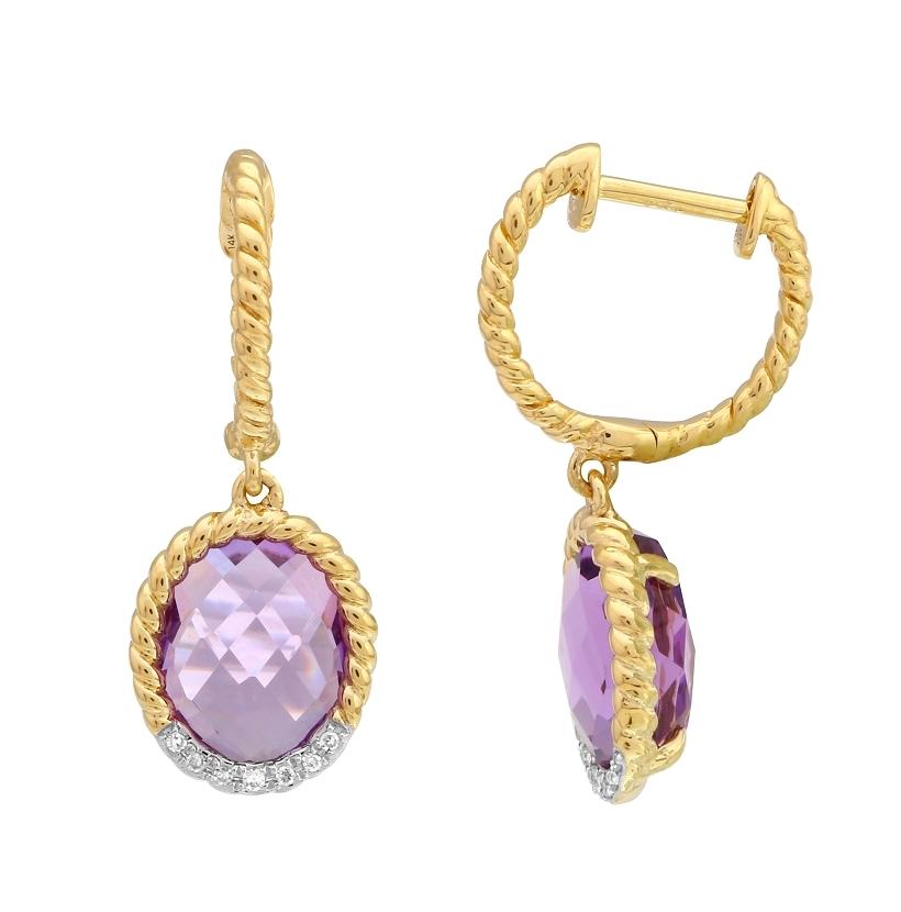 0.05 Ctw Diamond 14k Yellow Gold Amethyst Round Shape Womens Gemstone Earrings