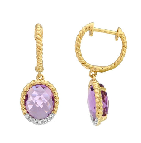 0.05 Ctw Diamond 14k Yellow Gold Amethyst Round Shape Womens Gemstone Earrings