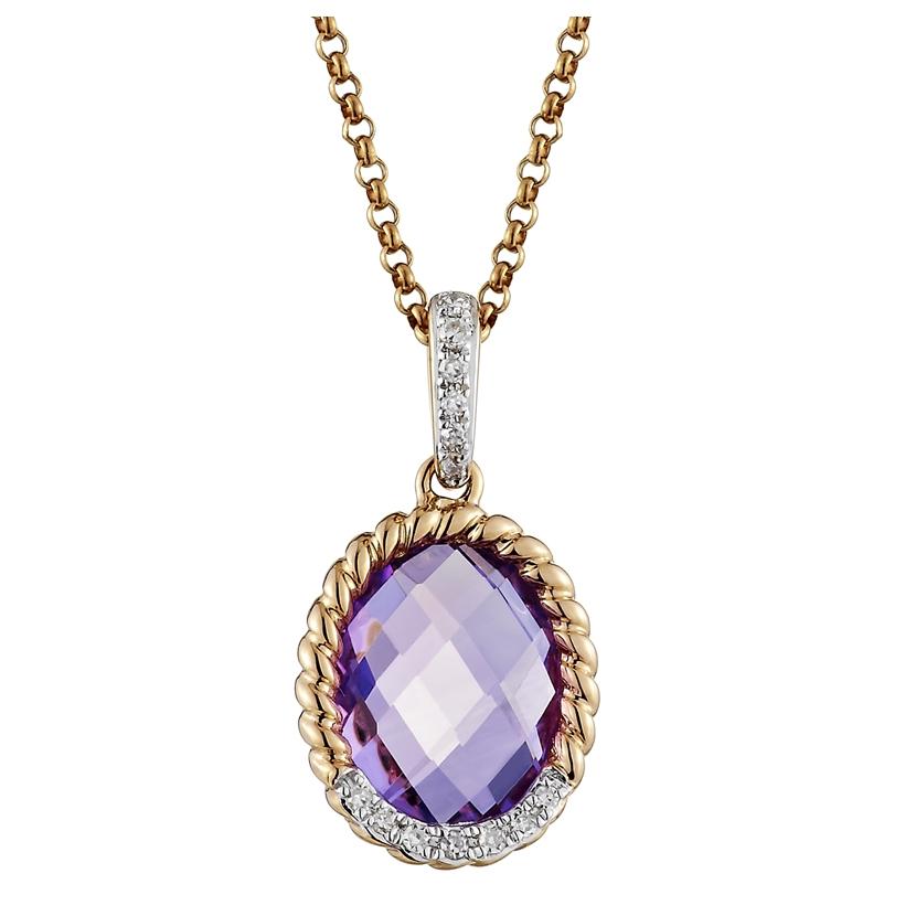 0.05 Ctw Diamond 14k Rose Gold Amethyst Round Shape Womens Gemstone Necklace Pendant With 16 Inch Chain