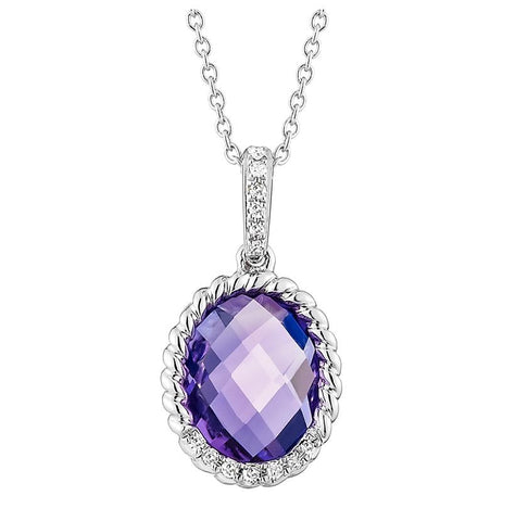 0.05 Ctw Diamond 14k White Gold Amethyst Round Shape Womens Gemstone Necklace Pendant With 16 Inch Chain