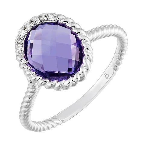 0.02 Ctw Diamond 14k White Gold Amethyst Round Shape Womens Gemstone Ring