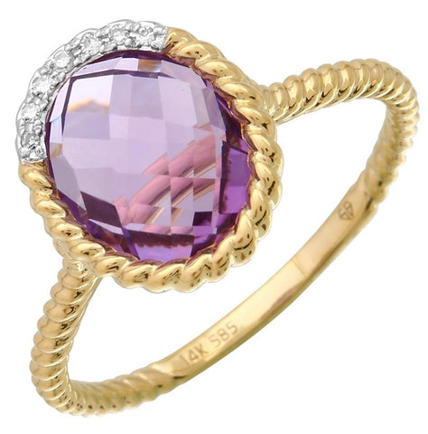 0.02 Ctw Diamond 14k Yellow Gold Amethyst Round Shape Womens Gemstone Ring