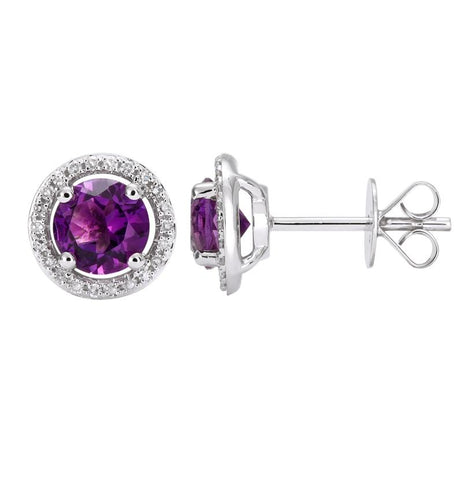 0.13 Ctw Diamond 14k White Gold Amethyst Round Shape Womens Gemstone Earrings