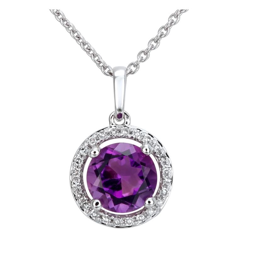 0.07 Ctw Diamond 14k White Gold Amethyst Round Shape Womens Gemstone Necklace Pendant With 16 Inch Chain