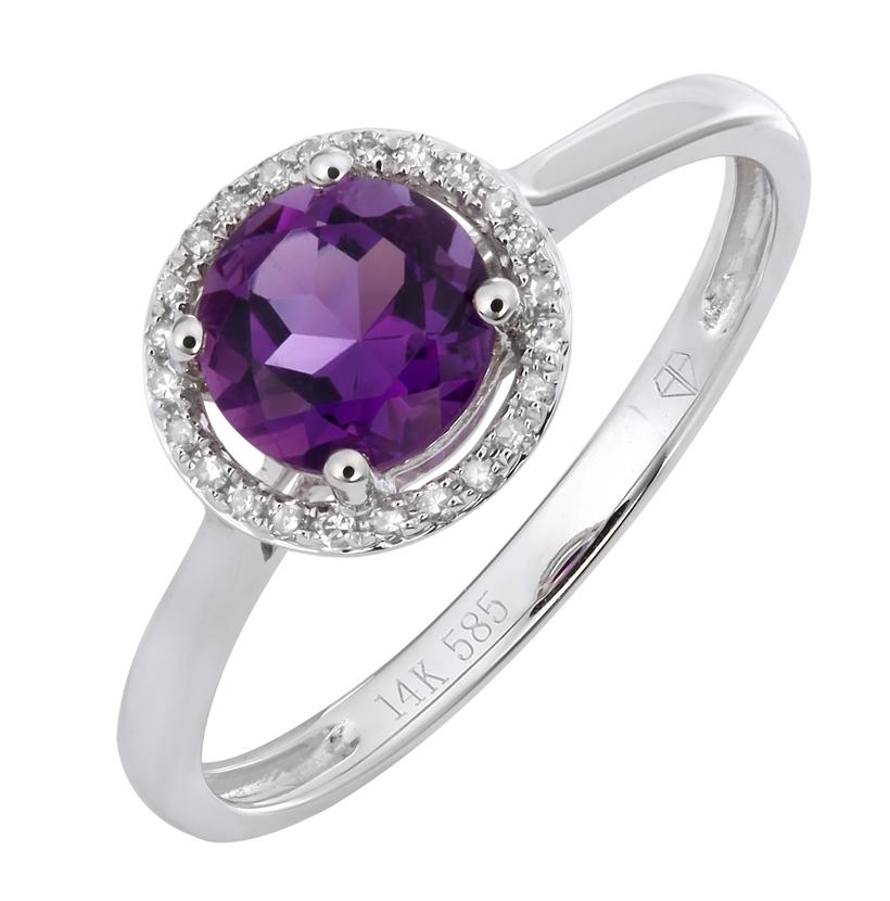 0.07 Ctw Diamond 14k White Gold Amethyst Round Shape Womens Gemstone Ring