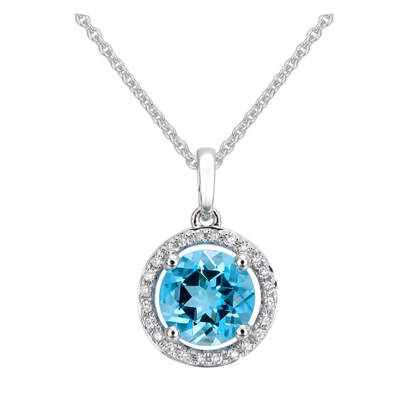 0.07 Ctw Diamond 14k White Gold Topaz Round Shape Womens Gemstone Necklace Pendant With 16 Inch Chain