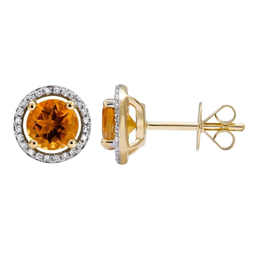 0.13 Ctw Diamond 14k Yellow Gold Citrine Round Shape Womens Gemstone Earrings