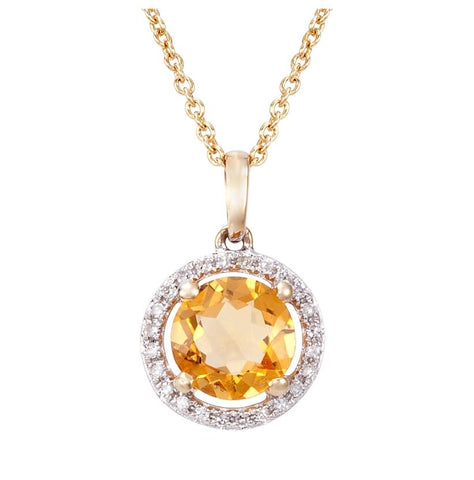 0.07 Ctw Diamond 14k Yellow Gold Citrine Round Shape Womens Gemstone Necklace Pendant With 16 Inch Chain