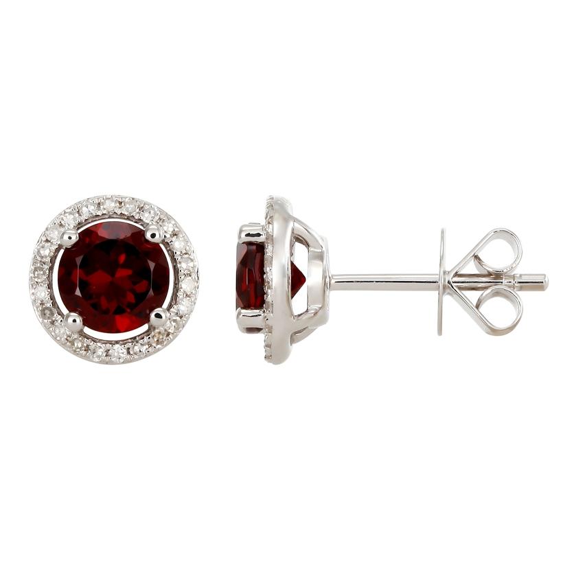 0.13 Ctw Diamond 14k White Gold Garnet Round Shape Womens Gemstone Earrings